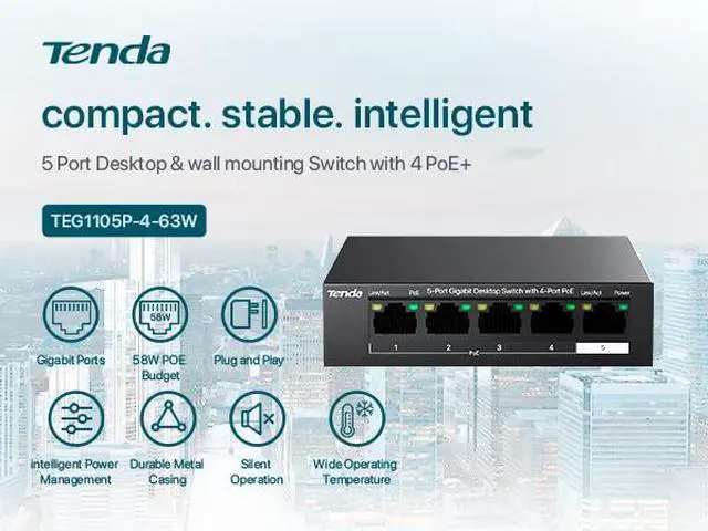 Alt view image 2 of 7 - 5 Port Gigabit PoE Switch, Ethernet Switch with 4 Port PoE+@63W, Plug & Play, VLAN/Extend Mode, Desktop Network Splitter Hub for IP Cameras/VoIP Phones/APs, Fanless Metal, Wall Mount (TEG1105P)