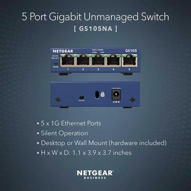 Alt view image 2 of 7 - 5-Port Gigabit Ethernet Unmanaged Switch (GS105NA) - Desktop or Wall Mount