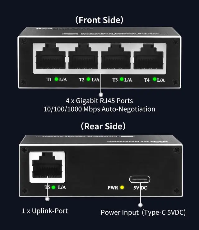 Alt view image 2 of 7 - Mini Ethernet Switch 5 Ports Gigabit Enhanced Protection 10/100/1000 Mbps Unmanaged Network Switch Plug & Play Office Ethernet Splitter Fanless Silent Metal Case Network Hub Desktop Design