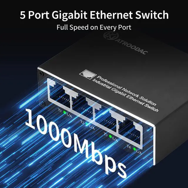 Alt view image 4 of 7 - Mini Ethernet Switch 5 Ports Gigabit Enhanced Protection 10/100/1000 Mbps Unmanaged Network Switch Plug & Play Office Ethernet Splitter Fanless Silent Metal Case Network Hub Desktop Design