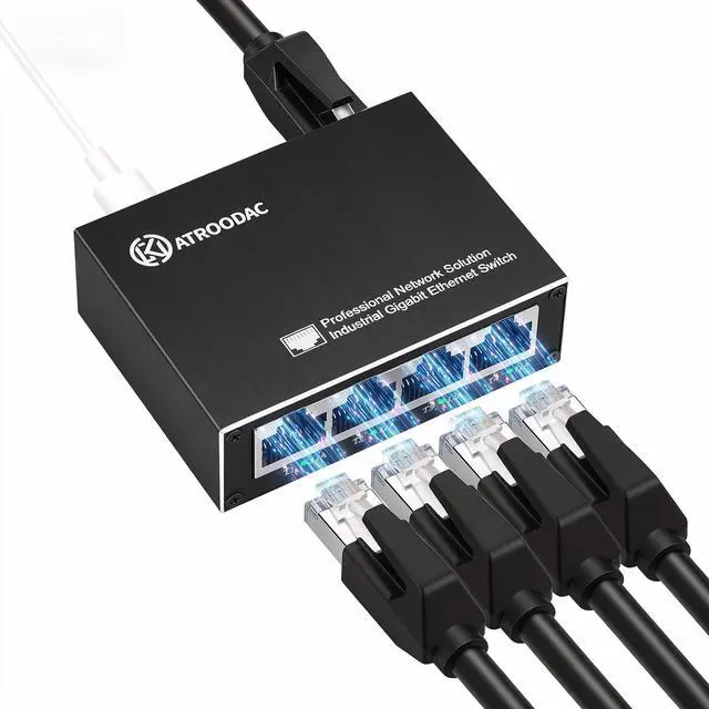 Main image of Mini Ethernet Switch 5 Ports Gigabit Enhanced Protection 10/100/1000 Mbps Unmanaged Network Switch Plug & Play Office Ethernet Splitter Fanless Silent Metal Case Network Hub Desktop Design