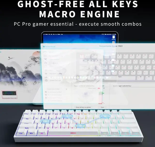 Alt view image 4 of 6 - Mini 60% Mechanical Gaming Keyboard Wired, YK61 Hall Effect Magnetic Switch, Adjustable Actuation Rapid Trigger Mode, 8K Hz Polling Rate, Hot-Swap, 61 Keys RGB Backlit Side Printed PBT Keycaps (White)