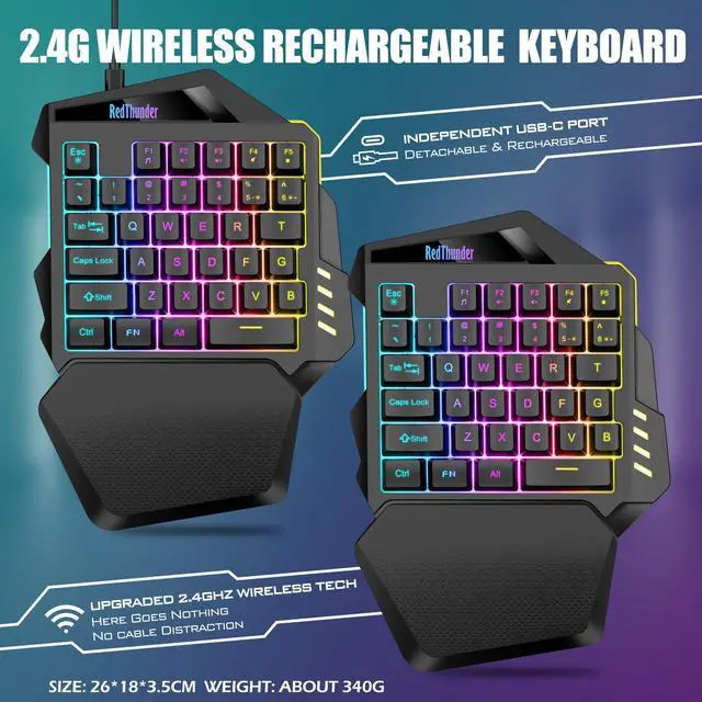 Alt view image 2 of 7 - Wireless One-Handed Gaming Keyboard, 2.4Ghz RGB Backlit Mini Gaming Keypad, Rechargeable 2000mAh Battery for PC Gamer