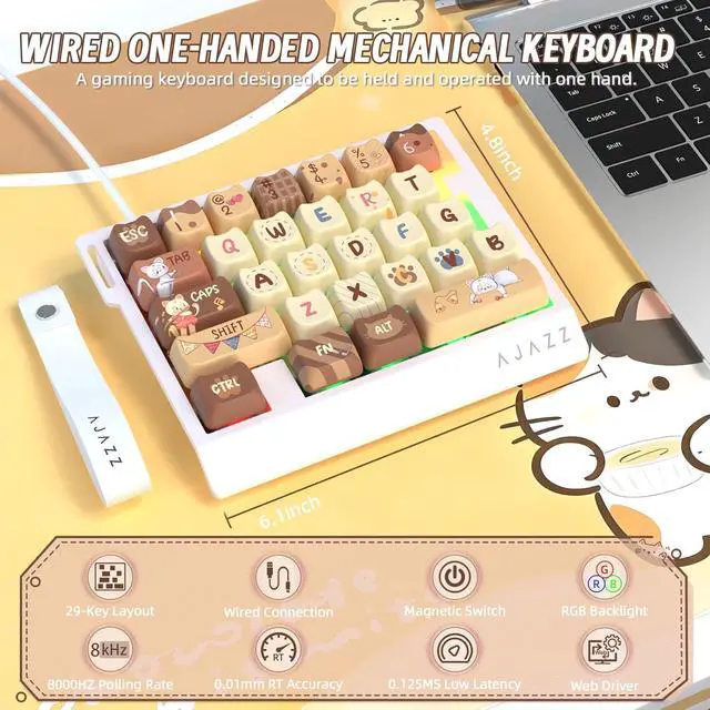 Alt view image 2 of 7 - AK029 Wired 29 Keys One-Handed RGB Gaming Keyboard with 8000HZ,0.01mm RT Magnetic Switches Adjustable Actuation,Hotswappable Mechanical Keyboard,Aluminum Plate,Web Driver for Gamers-Beige Cat