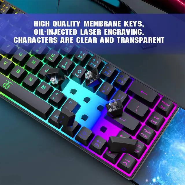 Alt view image 3 of 7 - 60% Gaming Keyboard, Rainbow Backlit Mini Membrane Keyboard for Windows PC Gamers(68 Keys, Black Rainbow)