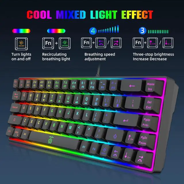 Alt view image 6 of 7 - 60% Gaming Keyboard, Rainbow Backlit Mini Membrane Keyboard for Windows PC Gamers(68 Keys, Black Rainbow)