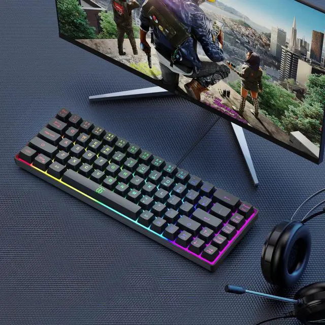 Alt view image 7 of 7 - 60% Gaming Keyboard, Rainbow Backlit Mini Membrane Keyboard for Windows PC Gamers(68 Keys, Black Rainbow)