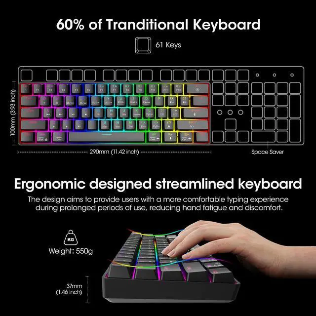 Alt view image 2 of 6 - 60% Gaming Keyboards, 61 Keys Wired Ultra-Compact Mechanical Keyboard 26 RGB Backlit with Red Switch Mini Keyboards for Windows MacOS Linux