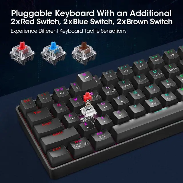 Alt view image 3 of 6 - 60% Gaming Keyboards, 61 Keys Wired Ultra-Compact Mechanical Keyboard 26 RGB Backlit with Red Switch Mini Keyboards for Windows MacOS Linux