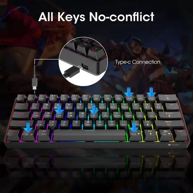 Alt view image 5 of 6 - 60% Gaming Keyboards, 61 Keys Wired Ultra-Compact Mechanical Keyboard 26 RGB Backlit with Red Switch Mini Keyboards for Windows MacOS Linux