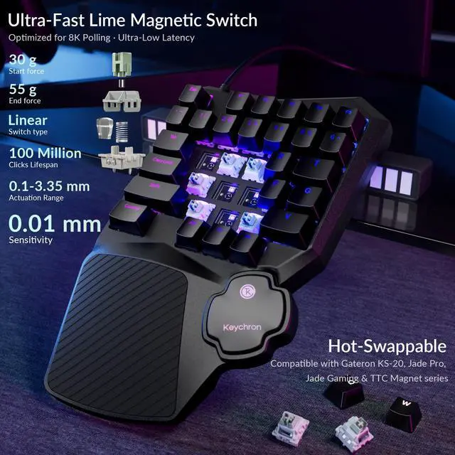 Alt view image 4 of 7 - C0 HE 8K Wired One-Handed Gaming Keypad, Rapid Trigger Hall Effect Magnetic Switches, 35 Programmable Keys, Per-Key RGB Lighting, Web-Based Configurator, Compatible with Windows & macOS