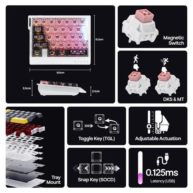 Alt view image 3 of 7 - AJAZZ AK029 One Handed Gaming Keyboard, 8Khz Polling, 29 Keys Rapid Fast Wired Keyboard, SOCD & DKS, Magnetic Switch, Adjustable Actuation, RGB Backlits, Aluminum Plate (Black Pink)