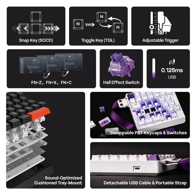 Alt view image 3 of 7 - HE30 One-Handed Hall Effect Keyboard, 8K Polling & 0.125ms, SOCD & Snap Key, Adjustable Trigger, PBT Keycap, RGB, Custom Software, Wired Gaming Keyboard for PC/Gamer (White Purple)