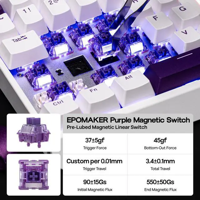 Alt view image 7 of 7 - HE30 One-Handed Hall Effect Keyboard, 8K Polling & 0.125ms, SOCD & Snap Key, Adjustable Trigger, PBT Keycap, RGB, Custom Software, Wired Gaming Keyboard for PC/Gamer (White Purple)