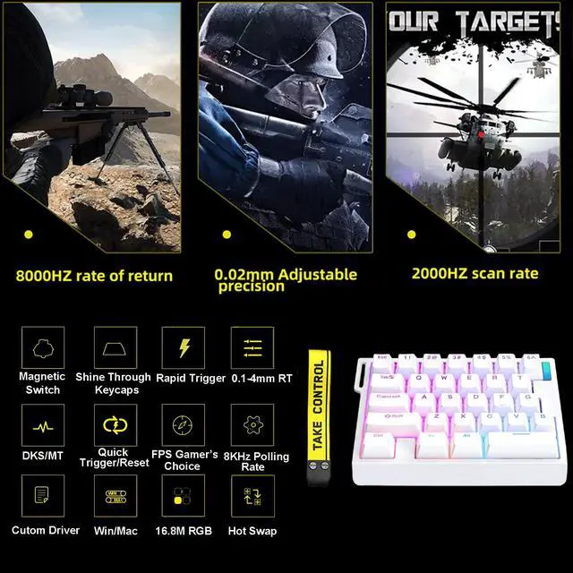Alt view image 2 of 7 - HE30 Rapid Trigger Magnetic Switch Gaming Keyboard,One-Handed Hall Effect RGB HotSwap Adjustable Actuation 8kHz Hyper Fast Mini Macro Gasket E-Sports Keypad Ergonomic Mechanical Keyboard (White)