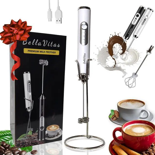 Main image of Milk Frother Handheld Rechargeable, 3-Speed Electric Frother Wand Whisk, Foam Maker Drink Mixer with Stand, 2 Whisks Coffee Frother for Latte, Cappuccino, Matcha, Cocoa, Eggs, White-1