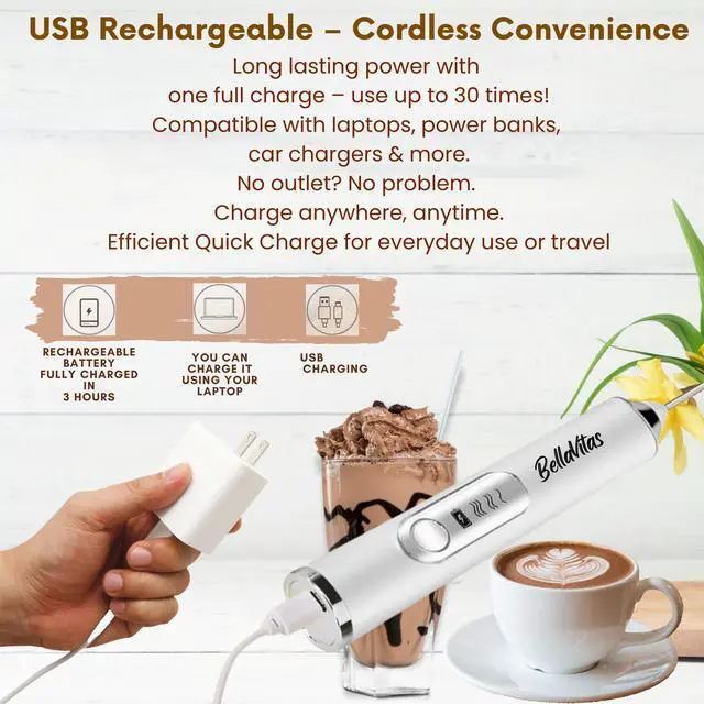 Alt view image 4 of 7 - Milk Frother Handheld Rechargeable, 3-Speed Electric Frother Wand Whisk, Foam Maker Drink Mixer with Stand, 2 Whisks Coffee Frother for Latte, Cappuccino, Matcha, Cocoa, Eggs, White-1