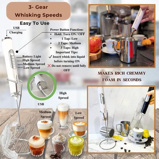 Alt view image 7 of 7 - Milk Frother Handheld Rechargeable, 3-Speed Electric Frother Wand Whisk, Foam Maker Drink Mixer with Stand, 2 Whisks Coffee Frother for Latte, Cappuccino, Matcha, Cocoa, Eggs, White-1