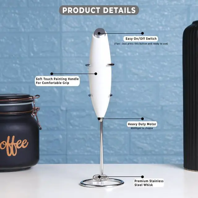 Alt view image 5 of 5 - Electric Milk Frother with stand Powerful Handheld Foam Maker,Drink mixer for Creamy Lattes, Cappuccinos & Barista-Style Coffee at Home 2AA Battery Operated Coffee Frother