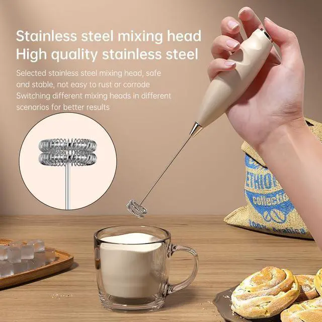 Alt view image 4 of 7 - Electric Milk Frother Handheld Battery Operated Foam Maker with 2 Whisks, Stand, for Coffee, Latte, Cappuccino, Matcha, Hot Chocolate, Protein Drinks