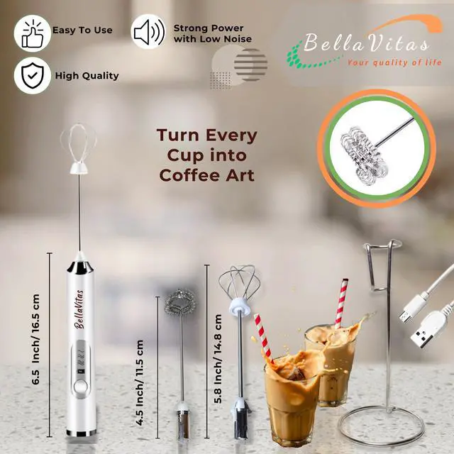 Alt view image 2 of 7 - Milk Frother Handheld Rechargeable, 3-Speed Electric Frother Wand Whisk, Foam Maker Drink Mixer with Stand, 2 Whisks Coffee Frother for Latte, Cappuccino, Matcha, Cocoa, Eggs, White-1