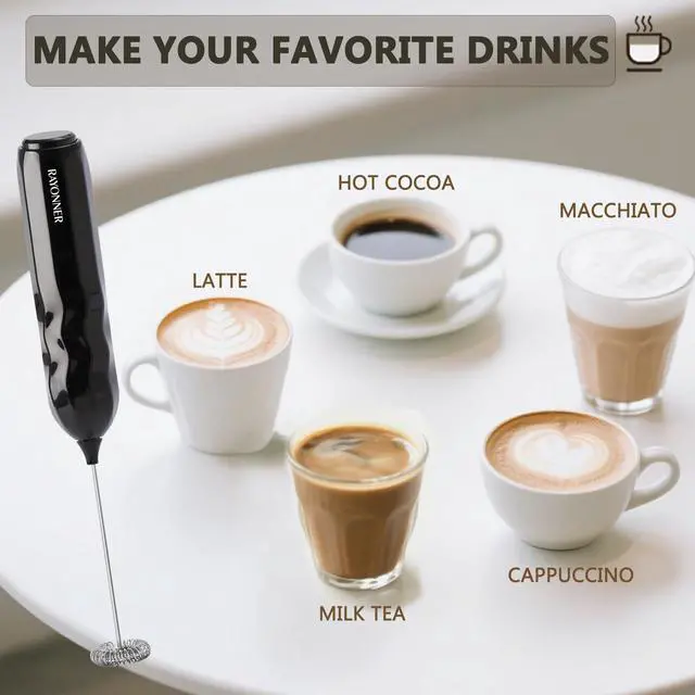 Alt view image 4 of 6 - Milk Frother Handheld Fast Powerful Drink Mixer with Stainless Steel Whisk for Coffee (2Pack Black with Stand)