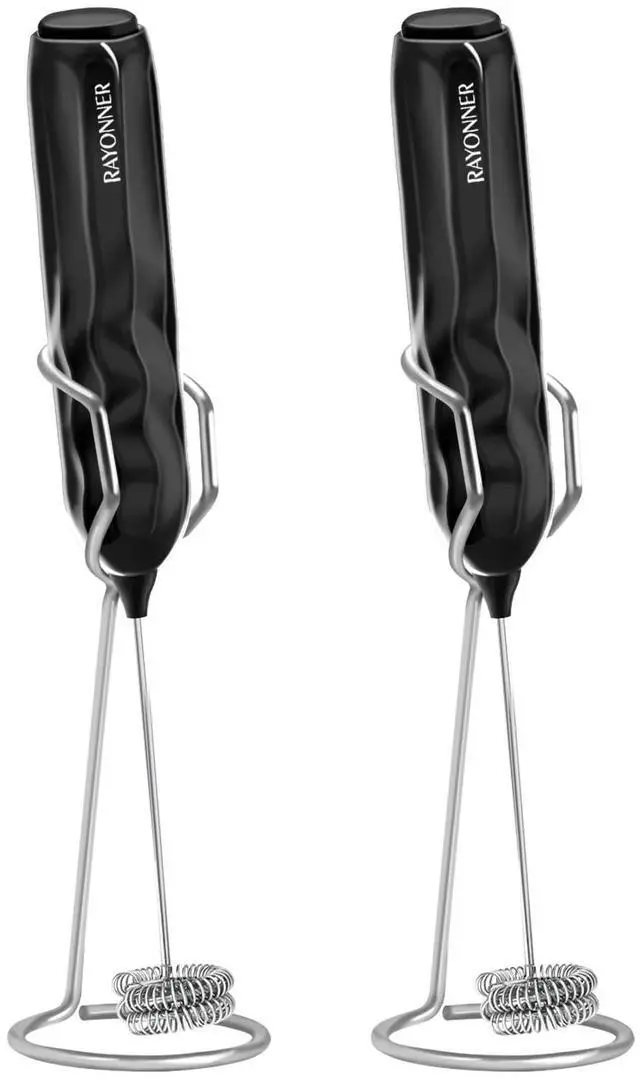 Main image of Milk Frother Handheld Fast Powerful Drink Mixer with Stainless Steel Whisk for Coffee (2Pack Black with Stand)