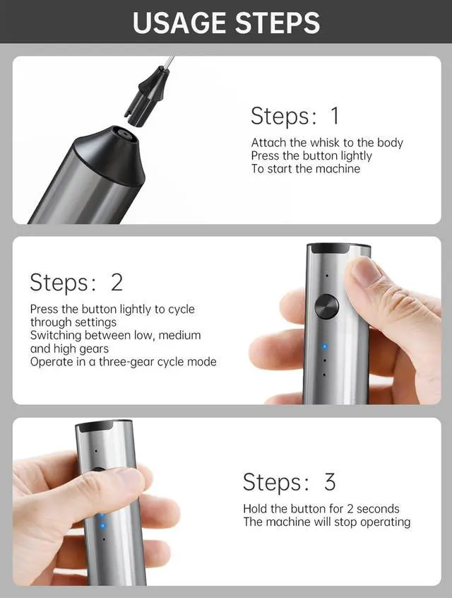 Alt view image 7 of 7 - Handheld Milk Frother Wand Rechargeable with Stand - Double Whisk Milk Frother Handheld -3 Speed Levels- Coffee Stirrers Electric Drink Mixer - Coffee Frother (Stainless Steel without Stand)
