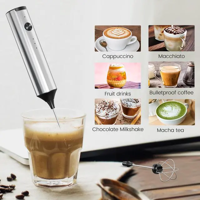 Alt view image 4 of 7 - Handheld Milk Frother Wand Rechargeable with Stand - Double Whisk Milk Frother Handheld -3 Speed Levels- Coffee Stirrers Electric Drink Mixer - Coffee Frother (Stainless Steel without Stand)