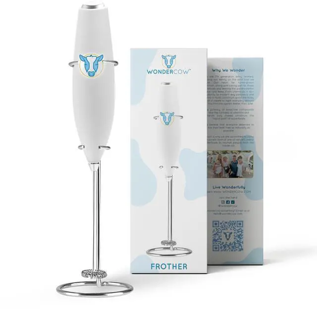 Main image of Milk Frother Hand Mixer, Stainless Steel Electric Matcha Whisk, Handheld Mixer for Coffee, Greens, Protein & More, Battery Operated, Easy to Clean & Includes Whisk Stand (White)