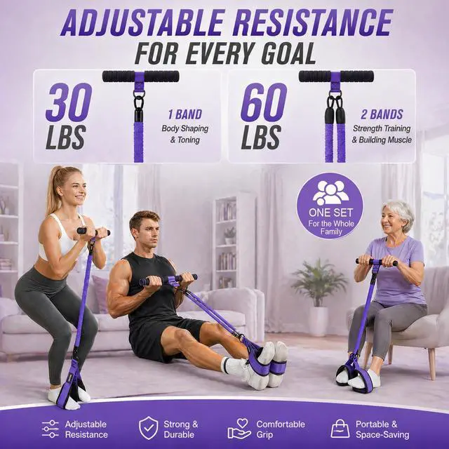 Alt view image 6 of 7 - Upgraded Pedal Resistance Band with Handle, Protective Nylon Sleeves & Adjustable 30/60LBS, Sit-up Workout Equipment for Core/ABS, Waist, Arm, Leg, Portable Home Gym for Men & Women Body Shaping