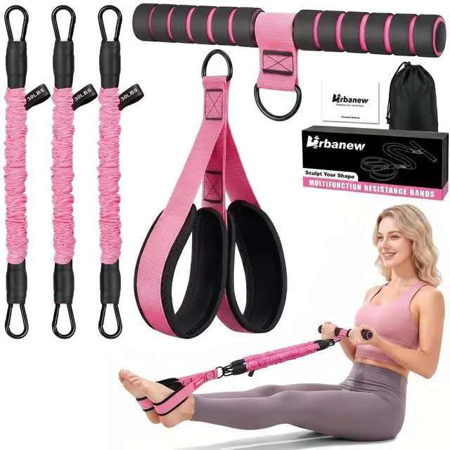 Main image of Upgraded Pedal Resistance Band with Handle, Adjustable Exercise Bands for Home Workout, Portable Fitness Equipment for Abs, Arms, Legs & Full Body Training - Pink