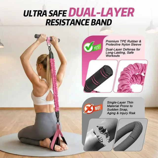 Alt view image 4 of 5 - Upgraded Pedal Resistance Band with Handle, Adjustable Exercise Bands for Home Workout, Portable Fitness Equipment for Abs, Arms, Legs & Full Body Training - Pink