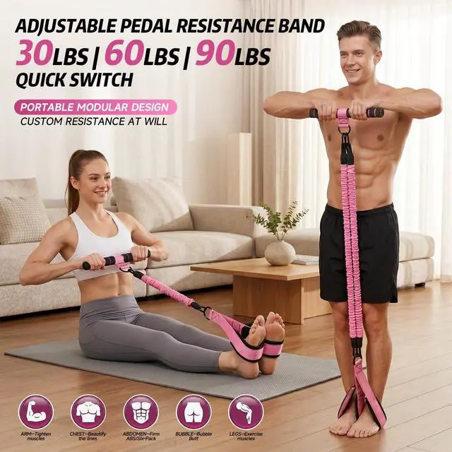 Alt view image 2 of 5 - Upgraded Pedal Resistance Band with Handle, Adjustable Exercise Bands for Home Workout, Portable Fitness Equipment for Abs, Arms, Legs & Full Body Training - Pink