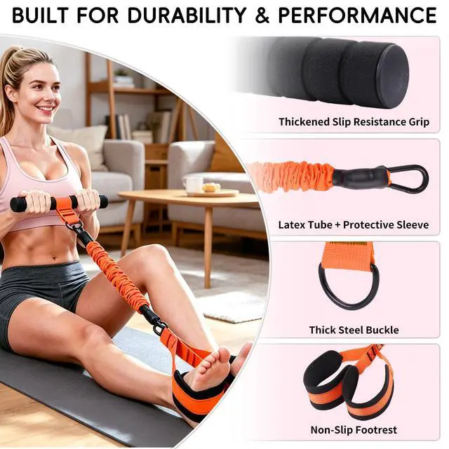 Alt view image 3 of 4 - Upgraded Multifunction Pedal Resistance Band with Handles, Adjustable Exercise Bands for Full Body Workout, Home Gym Equipment for Core Abs Legs Glutes Arm Strength Training (Orange - 3 Tubes)