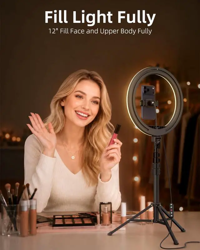 Alt view image 5 of 7 - 12" Ring Light with 63" extendable Tripod Stand, Selfie RingLight with Phone Holder and Selfie Remote, 2-in-1 Dimmable LED Ring Light for Makeup, Live Stream, Photography