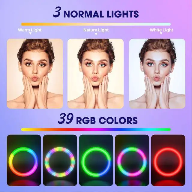 Alt view image 2 of 6 - 12" RGB Ring Light with 63" Tripod Stand, 3 CCT Mode and 39 Color Mode Selfie RingLight with Stand, 2-in-1 LED Ring Light with Selfie Remote, for Makeup, Live Stream