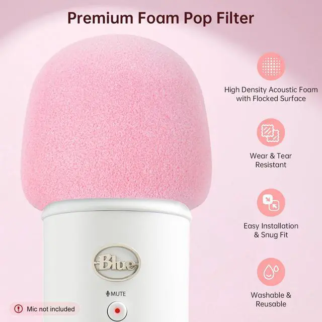 Alt view image 2 of 6 - Pop Filter/Windscreen for Blue Yeti and Yeti Pro Microphones, Foam Mic Cover for Filtering Plosives and Hissing Noise