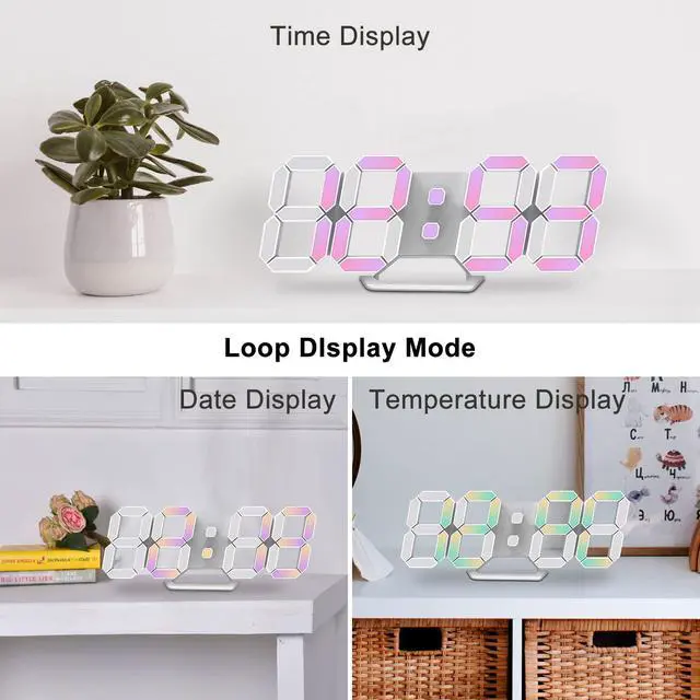 Alt view image 3 of 7 - Led Digital Alarm Clock 3D Small Wall Clock Snooze Dimmable Time Memory 12/24 Date Temperature Remote Control Night Light Office Kitchen Living Room Bedroom (9.7 Inch, Multicolor)
