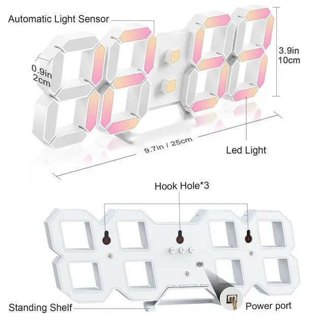 Alt view image 6 of 7 - Led Digital Alarm Clock 3D Small Wall Clock Snooze Dimmable Time Memory 12/24 Date Temperature Remote Control Night Light Office Kitchen Living Room Bedroom (9.7 Inch, Multicolor)