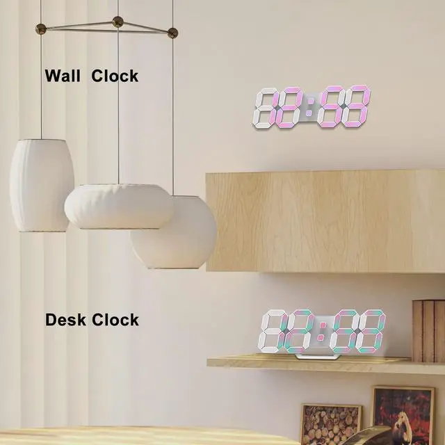 Alt view image 7 of 7 - Led Digital Alarm Clock 3D Small Wall Clock Snooze Dimmable Time Memory 12/24 Date Temperature Remote Control Night Light Office Kitchen Living Room Bedroom (9.7 Inch, Multicolor)