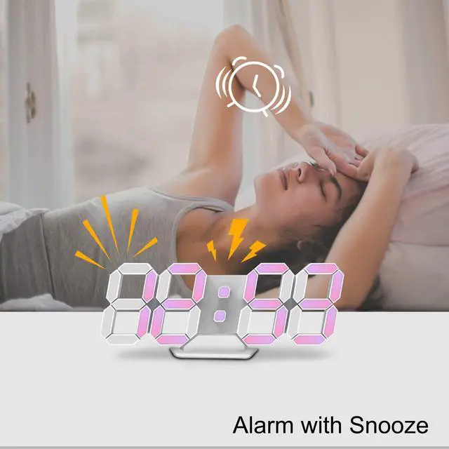 Alt view image 4 of 7 - Led Digital Alarm Clock 3D Small Wall Clock Snooze Dimmable Time Memory 12/24 Date Temperature Remote Control Night Light Office Kitchen Living Room Bedroom (9.7 Inch, Multicolor)