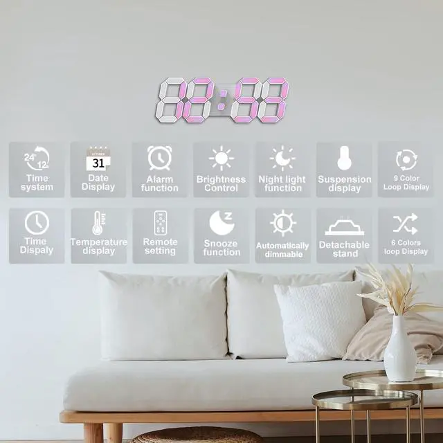 Alt view image 2 of 7 - Led Digital Alarm Clock 3D Small Wall Clock Snooze Dimmable Time Memory 12/24 Date Temperature Remote Control Night Light Office Kitchen Living Room Bedroom (9.7 Inch, Multicolor)