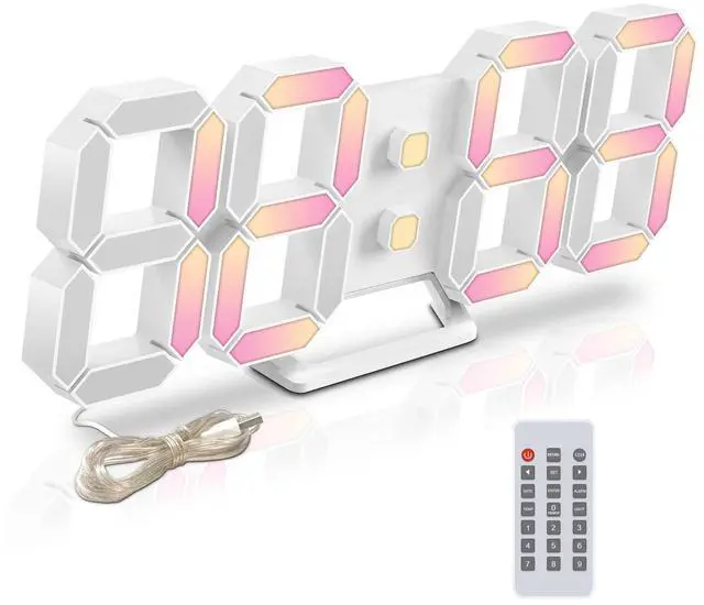 Main image of Led Digital Alarm Clock 3D Small Wall Clock Snooze Dimmable Time Memory 12/24 Date Temperature Remote Control Night Light Office Kitchen Living Room Bedroom (9.7 Inch, Multicolor)