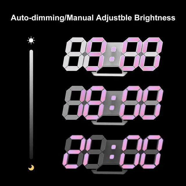 Alt view image 5 of 7 - Led Digital Alarm Clock 3D Small Wall Clock Snooze Dimmable Time Memory 12/24 Date Temperature Remote Control Night Light Office Kitchen Living Room Bedroom (9.7 Inch, Multicolor)