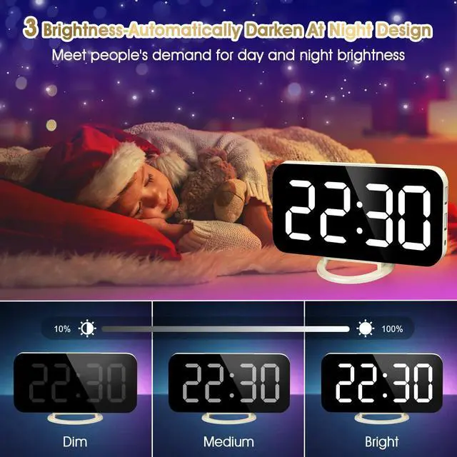 Alt view image 3 of 7 - Digital Alarm Clock, Large Mirrored LED Display with Dual USB Ports, Snooze Function Dim Mode Wall Hanging Beside Desk Clock for Bedroom Living Room Decor