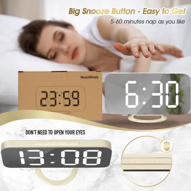 Alt view image 4 of 7 - Digital Alarm Clock, Large Mirrored LED Display with Dual USB Ports, Snooze Function Dim Mode Wall Hanging Beside Desk Clock for Bedroom Living Room Decor