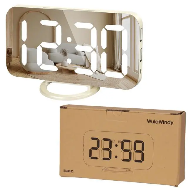 Alt view image 5 of 7 - Digital Alarm Clock, Large Mirrored LED Display with Dual USB Ports, Snooze Function Dim Mode Wall Hanging Beside Desk Clock for Bedroom Living Room Decor