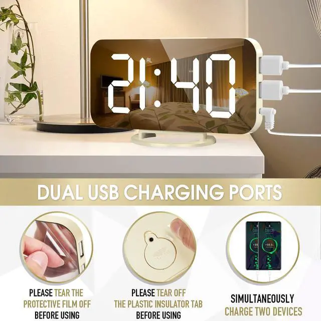 Alt view image 6 of 7 - Digital Alarm Clock, Large Mirrored LED Display with Dual USB Ports, Snooze Function Dim Mode Wall Hanging Beside Desk Clock for Bedroom Living Room Decor