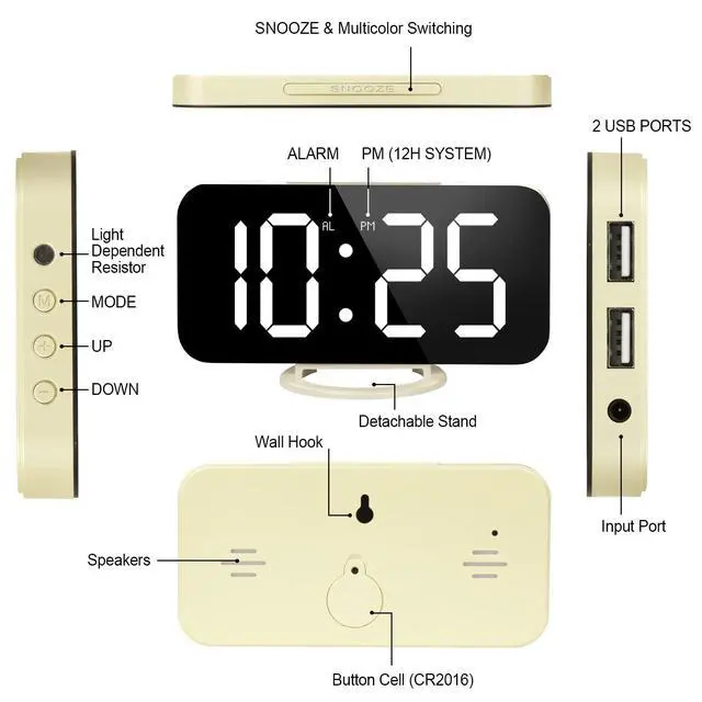 Alt view image 7 of 7 - Digital Alarm Clock, Large Mirrored LED Display with Dual USB Ports, Snooze Function Dim Mode Wall Hanging Beside Desk Clock for Bedroom Living Room Decor